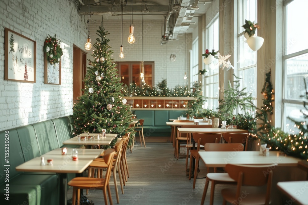 Obraz premium Cozy cafe or coffee shop interior decorated with Christmas trees and warm festive holiday ambiance