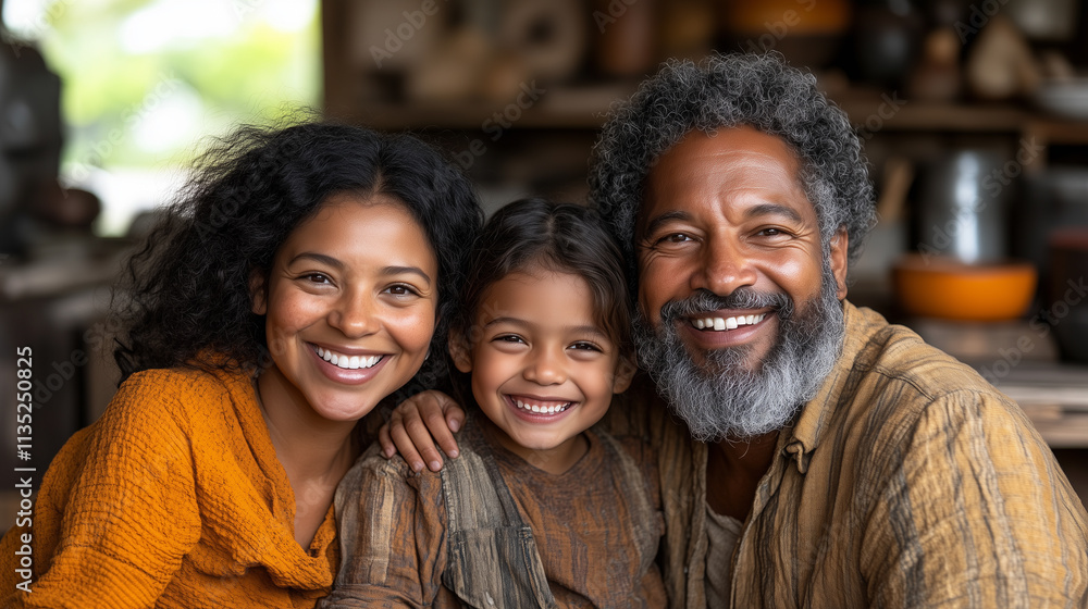 A multicultural family laughing together in a cozy living room. A multicultural family laughing together in a cozy living room.