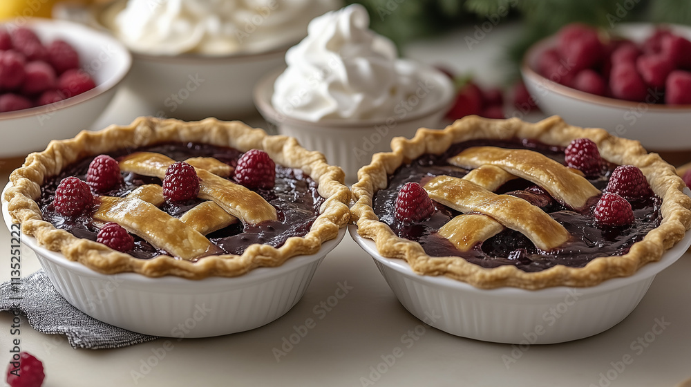 Pies with lattice crusts and a side of whipped cream. Pies with lattice crusts and a side of whipped cream.
