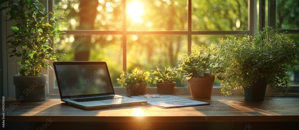 Laptop, plants, documents on windowsill in sunlight. Laptop, plants, documents on windowsill in sunlight.
