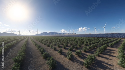 Sustainable Energy Farm Wide Shot Composition, Solar Panels and Wind Turbines, Green Crops, Desert Landscape. Renewable energy, clean energy