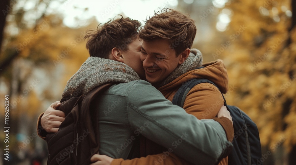 Heartwarming Moment of a Gay Couple Embracing in a Park - Capturing Love and Relationship in Nature