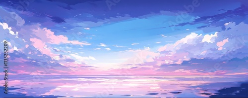 Pastel Sky Seascape Impasto Painting of Calm Ocean and Dreamy Clouds, Landscape Art, Digital Painting Pastel sky, digital art