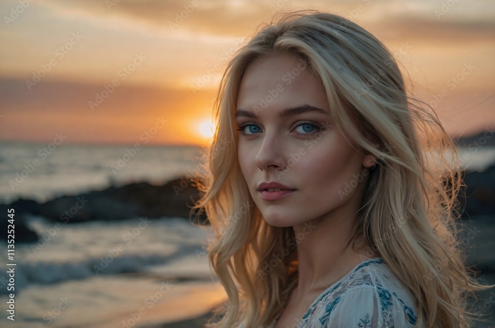 Beautiful blue-eyed young woman on the beach by the sea at sunset. Beautiful blue-eyed young woman on the beach by the sea at sunset.
