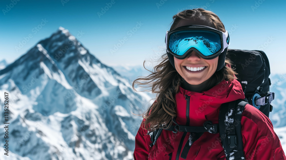 A smiling female mountaineer in a red jacket and ski goggles stands against a stunning snowy mountain backdrop. The clear blue sky and majestic peaks create an adventurous and uplifting atmosphere A smiling female mountaineer in a red jacket and ski goggles stands against a stunning snowy mountain backdrop. The clear blue sky and majestic peaks create an adventurous and uplifting atmosphere