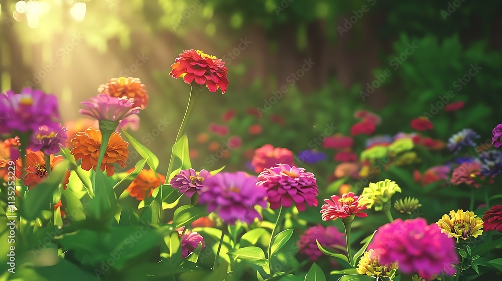 A flowerbed filled with multicolored zinnias in a sunny outdoor setting A flowerbed filled with multicolored zinnias in a sunny outdoor setting