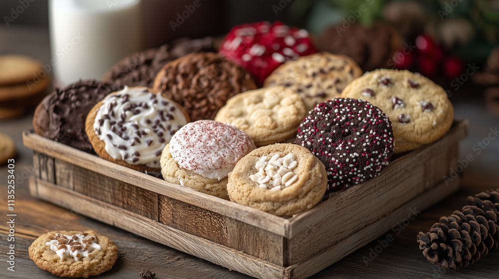 Assorted cookies with milk in a rustic setting. Assorted cookies with milk in a rustic setting.