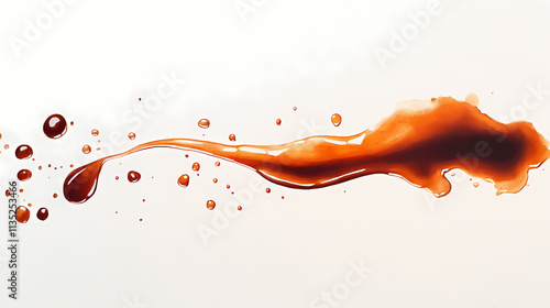 A single, thin stream of brown sauce drizzled on a white background. Drizzle. Illustration
