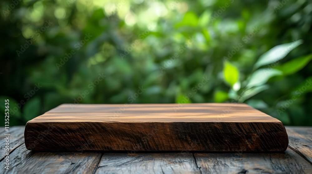Empty rustic wooden texture on a table with blurred greenery in the background, ideal for product displayhigh quality image Empty rustic wooden texture on a table with blurred greenery in the background, ideal for product displayhigh quality image