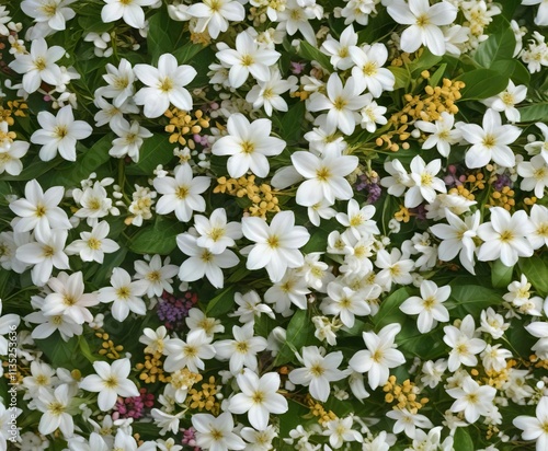 White jasmine petals mixed with various spring flowers and leaves on a colorful base, spring blooms, fresh arrangement, decorative collage, floral decoration, natural elements photo