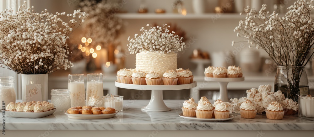 Elegant dessert table with cupcakes, cake, and candles. Elegant dessert table with cupcakes, cake, and candles.