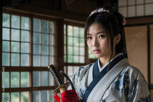 A Japanese young woman with a sword and wearing Japanese clothes. photo