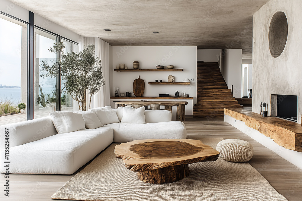 Beige luxury sofa and rustic live edge coffee table in spacious room. Minimalist home interior design of modern living room in villa. Beige luxury sofa and rustic live edge coffee table in spacious room. Minimalist home interior design of modern living room in villa.
