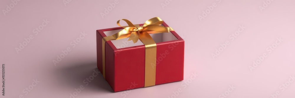 Obraz premium Crimson gift box, golden ribbon, open top revealing empty space, christmas,red box,bow