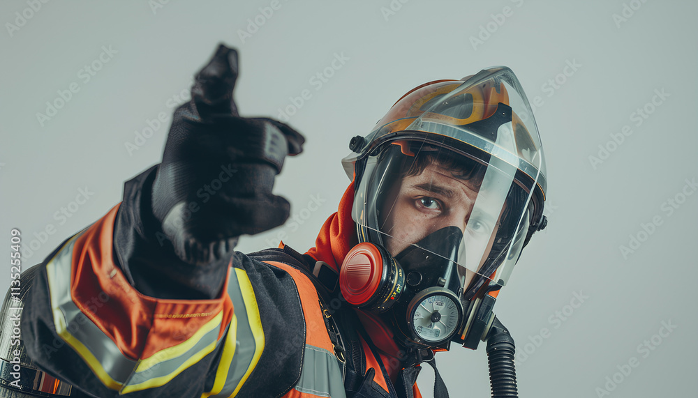 Pointing. Studio portrait of male firefighter dressed in uniform and an oxygen mask over white background. Concept of different professions and unusual people Pointing. Studio portrait of male firefighter dressed in uniform and an oxygen mask over white background. Concept of different professions and unusual people