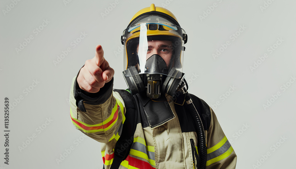 Naklejka premium Pointing. Studio portrait of male firefighter dressed in uniform and an oxygen mask over white background. Concept of different professions and unusual people