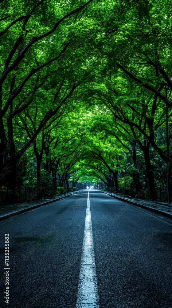 Fototapeta premium Serene Road Lined with Lush Green Trees