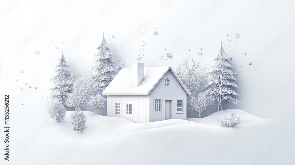 Serene Winter Wonderland: A minimalist 3D rendering of a cozy house nestled amidst snow-covered trees and a tranquil landscape, evoking feelings of peace and warmth. Serene Winter Wonderland: A minimalist 3D rendering of a cozy house nestled amidst snow-covered trees and a tranquil landscape, evoking feelings of peace and warmth.