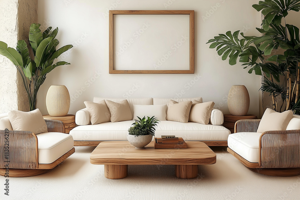 Minimalist, boho interior design of modern living room. Wooden coffee table and two armchairs near white sofa with beige pillows. Wall with frame. Minimalist, boho interior design of modern living room. Wooden coffee table and two armchairs near white sofa with beige pillows. Wall with frame.