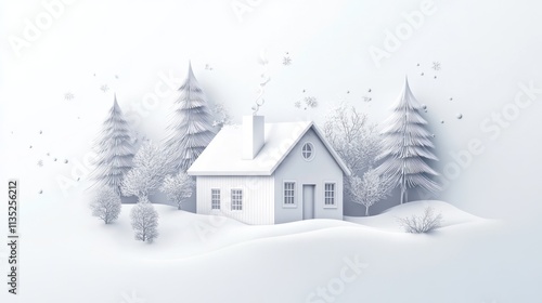 Serene Winter Wonderland: A minimalist 3D rendering of a cozy house nestled amidst snow-covered trees and a tranquil landscape, evoking feelings of peace and warmth.