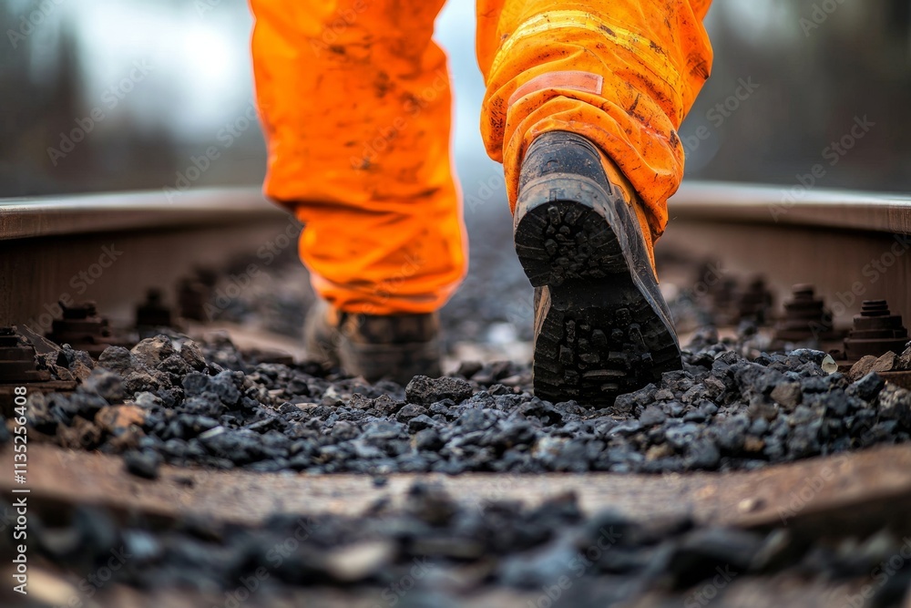 Close-up of a railway worker’s boots walking along train tracks, wearing bright orange reflective pants. Represents construction, manual labor, and transportation themes.