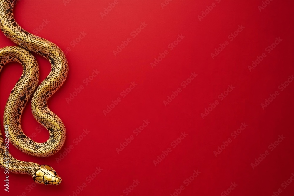 A golden snake with intricate scales positioned on a vivid red background with ample negative space. Represents themes of luxury, danger, and exotic wildlife with a bold aesthetic. A golden snake with intricate scales positioned on a vivid red background with ample negative space. Represents themes of luxury, danger, and exotic wildlife with a bold aesthetic.