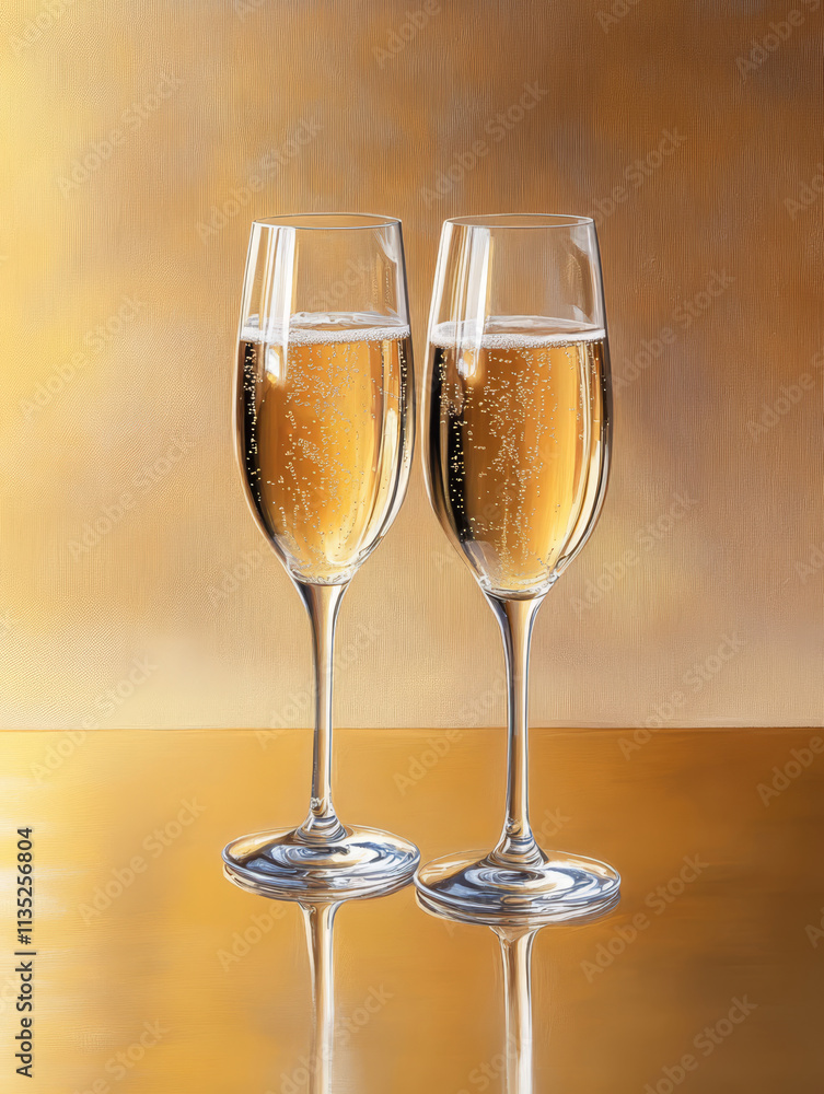 Golden Hour Celebration - Two champagne flutes, golden liquid, bubbles, celebration, luxury.