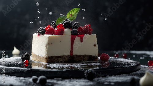 Studio Shot of Creamy Cheesecake with Fresh Fruit Topping