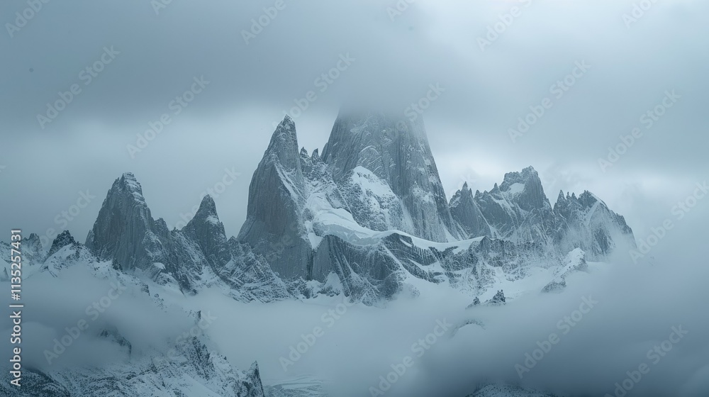 Obraz premium Majestic snow-capped mountains shrouded in clouds, evoking a sense of mystery and grandeur.
