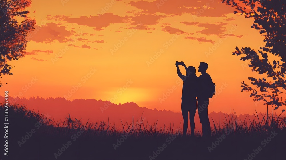 Couple Silhouetted Against Vibrant Sunset Landscape Couple Silhouetted Against Vibrant Sunset Landscape