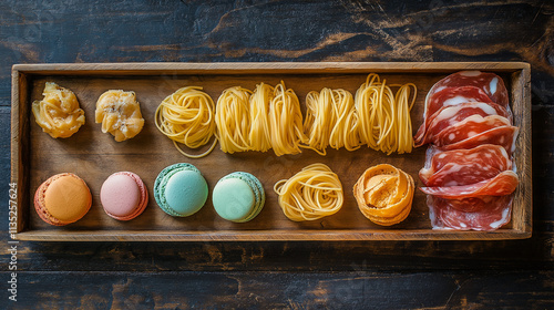 Kreative Dessertvariation mit bunten Macarons und frischen Süßigkeiten

 photo