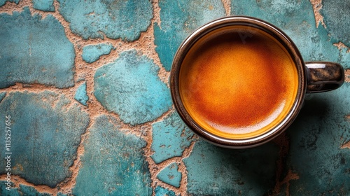 Warm coffee in a decorative cup with roasted beans on a textured surface