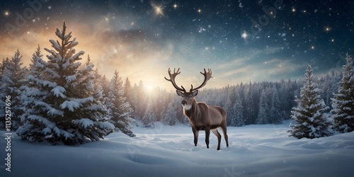Christmas banner with magical scene of a reindeer in center in snowy forest with Christmas trees with lights and stars with copy space