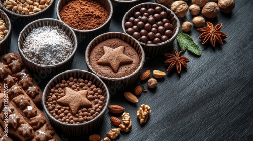 Star shaped cookies decorated with sugar surrounded by nuts and spices in a festive arrangement