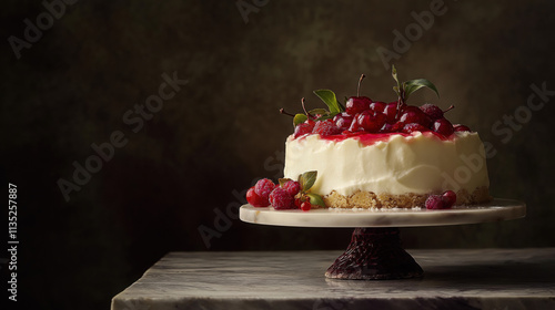 Studio Shot of Creamy Cheesecake with Fresh Fruit Topping