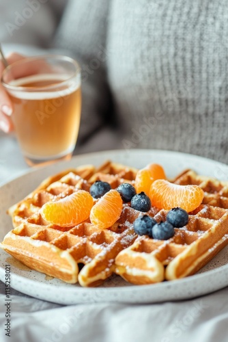 Delicious waffles topped with fresh fruit and served with a drink in a cozy s...