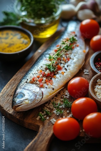 Fresh fish and vibrant vegetables arranged beautifully for a healthy meal pre...