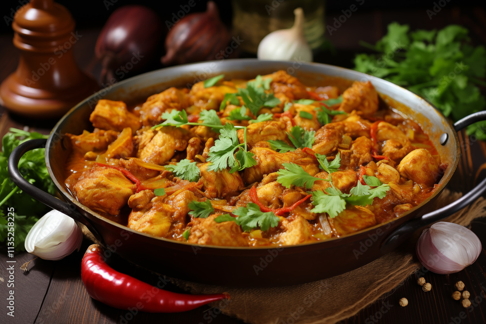 A mouthwatering chicken curry cook in a deep pot surrounded by fresh herbs, garlic, onions, and spices, creating an inviting and aromatic setting perfect for a cozy meal. A mouthwatering chicken curry cook in a deep pot surrounded by fresh herbs, garlic, onions, and spices, creating an inviting and aromatic setting perfect for a cozy meal.