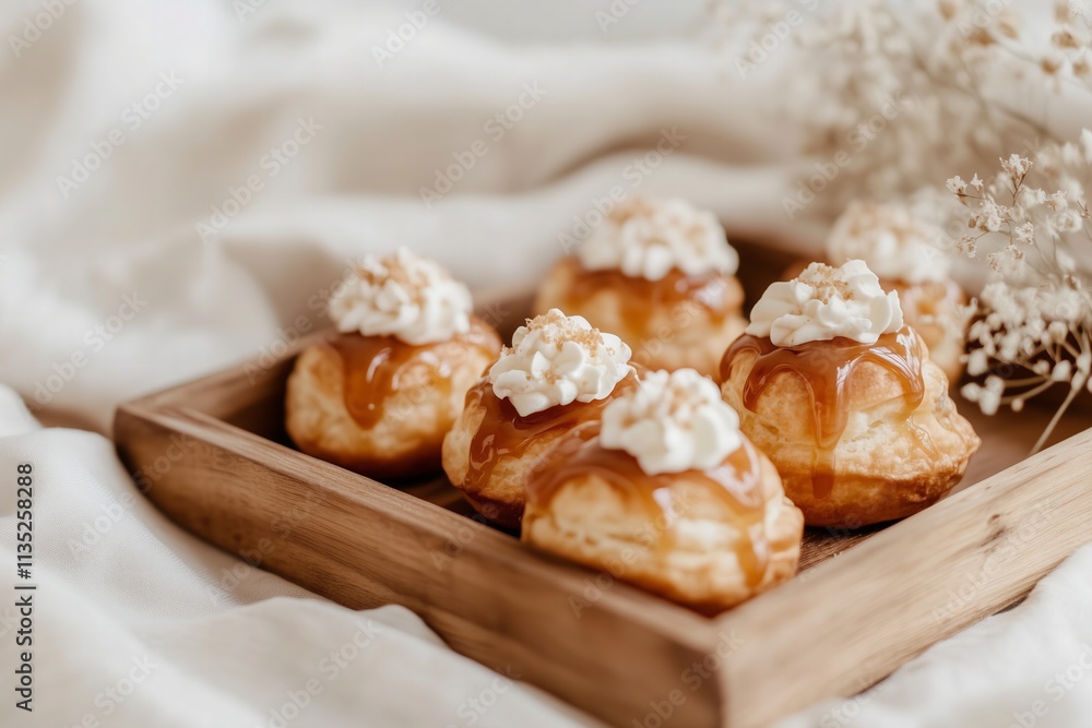 rustic wooden tray filled with cream puffs topped with a glossy caramel drizzle. rustic wooden tray filled with cream puffs topped with a glossy caramel drizzle.