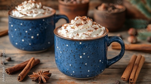 Richly topped hot chocolate in cozy mugs with spices and nuts on a wooden table
