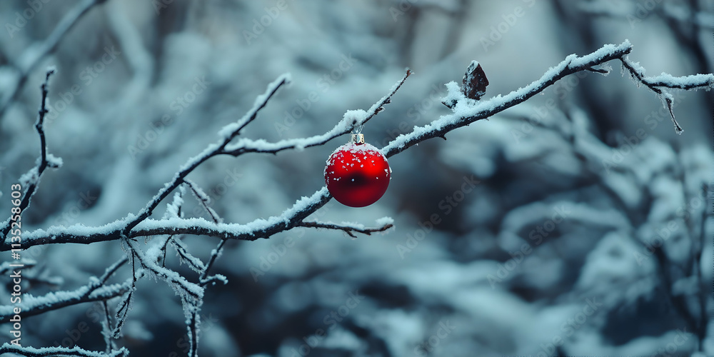 Bright red ornament hanging from a snowy tree branch Bright red ornament hanging from a snowy tree branch