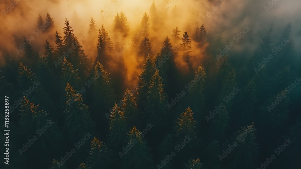 Misty sunrise over a dense evergreen forest, aerial view. Misty sunrise over a dense evergreen forest, aerial view.