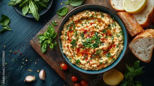 Delicious bowl of creamy hummus with fresh herbs, bread, and vegetables on a ...