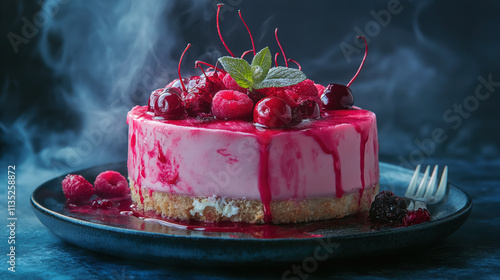 Studio Shot of Creamy Cheesecake with Fresh Fruit Topping