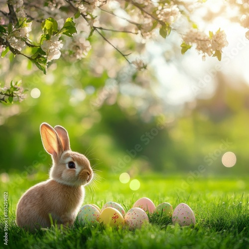 Cute rabbit surrounded by colorful Easter eggs under blooming trees in a sunn...