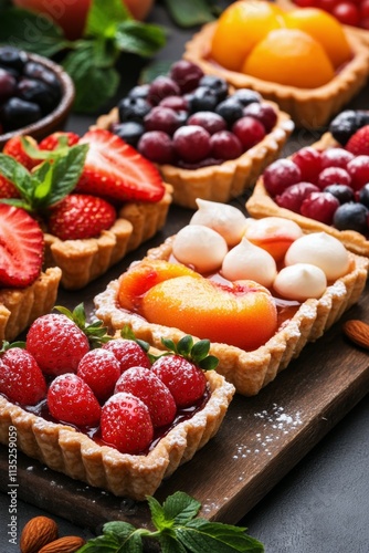 Colorful fruit tart topped with fresh strawberries, blueberries, and apricots...