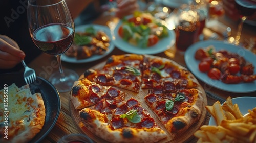 Celebrating with friends at an outdoor feast featuring pizza and wine during ...
