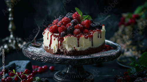 Studio Shot of Creamy Cheesecake with Fresh Fruit Topping
