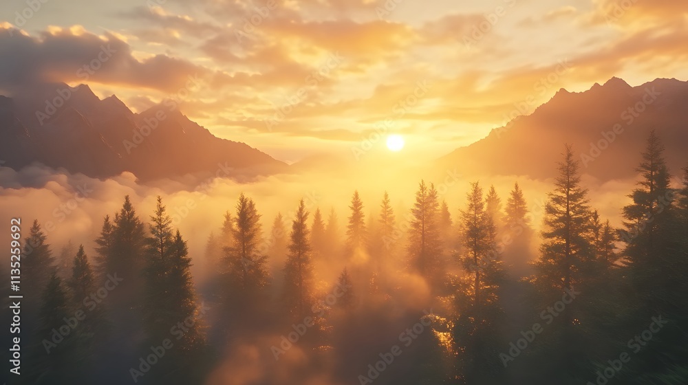 Obraz premium Golden sunlight breaks through evergreen trees at dawn in a serene landscape