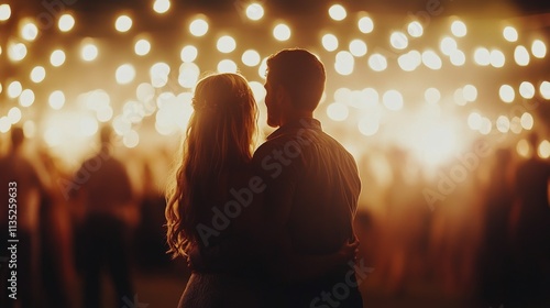 Outdoor evening gathering with string lights and sunset ambiance in a communa...